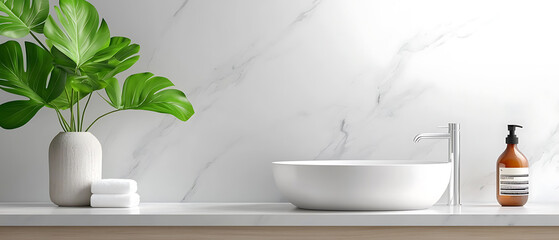 Tropical monstera deliciosa in modern bathroom contemporary setting interior design minimalist viewpoint serene atmosphere