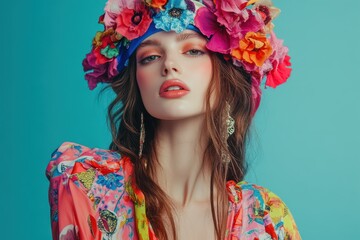 Modernized 70s fashion portrait with a colorful retro look, blending classic boho vibes with contemporary elements