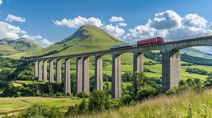 Fototapeta premium Majestic Landscape with a Scenic Bridge, Truck, Rolling Hills, and Vibrant Clouds Under a Blue Sky in the Beautiful Scottish Countryside