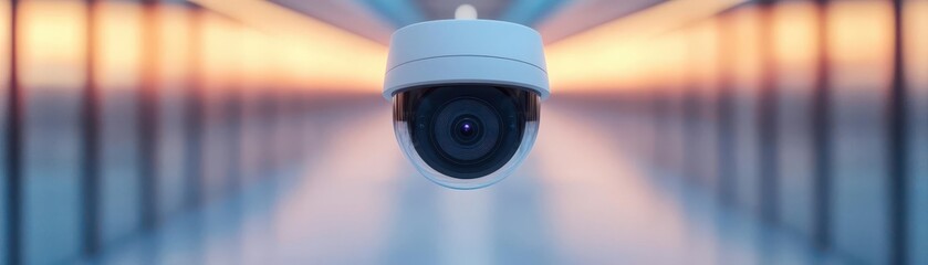 A sleek security camera suspended in an architectural space, featuring a blurred background that highlights its modern design.