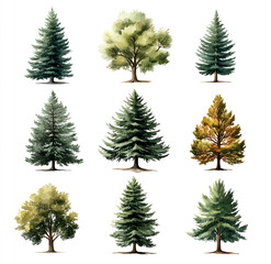 pine tree clip art set, watercolor style, on white background