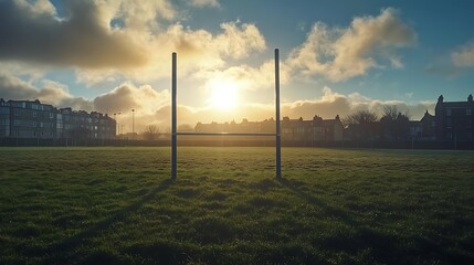 Obraz premium A serene rugby field at sunset, highlighting goalposts against a vibrant sky.