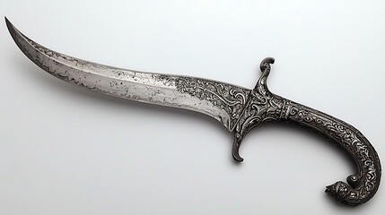 Obraz premium Ornate Curved Sword with Intricate Engravings, Metallic Blade, and Decorative Handle, Ideal for Historical Reenactments and Collectors of Antique Weaponry