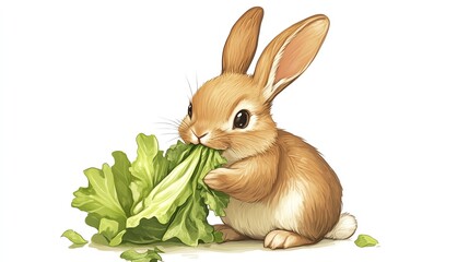 a 2D cartoon illustration of a rabbit nibbling on lettuce, hungry and cute, white background--ar 16:9