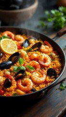 Fototapeta premium Colorful Spanish Paella with Shrimp, Mussels, Rice, and Lemon Slices
