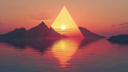 Sunset over Mountains with Geometric Triangle Illustration
