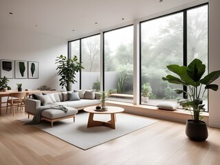 Fototapeta premium the room is so warm with minimalist architecture and light rain outside the house