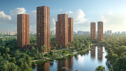 Naklejka premium Modern skyscrapers surrounded by greenery and water.