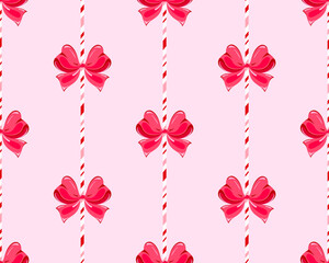 Candy cane Christmas background with cute red bow. Seamless coquette pattern with peppermint sticks, vector illustration for New Year's Eve or Christmas holidays