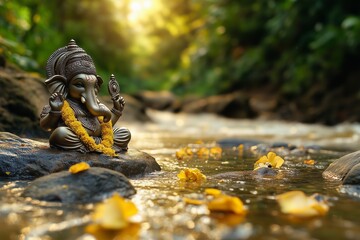 A serene image of a Ganesh statue adorned with flowers, sitting on a rock by a flowing stream, surrounded by lush greenery and gentle sunlight.