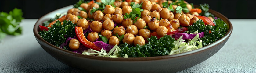Close-up of a bowl of salad with chickpeas, kale, red cabbage, and bell peppers.
