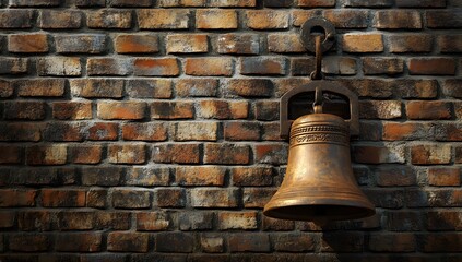 Obraz premium An old bell on a brick wall background. The concept of time, history, and education. A visual representation of the timeless nature of learning. 
