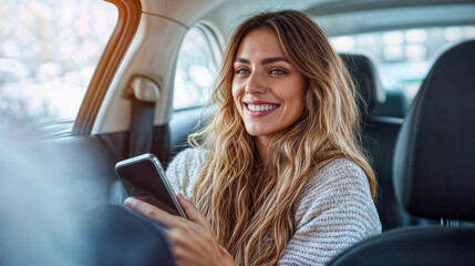 Jeune fille assise à l'arrière d'un taxi smartphone à la main