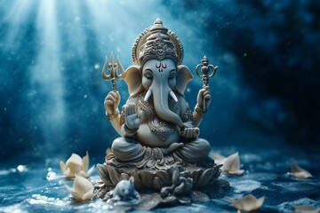 A serene depiction of Lord Ganesha, symbolizing wisdom and prosperity, set against a mystical background with soft lighting.