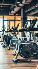 Fototapeta premium Modern, well-lit gym with sleek stationary bikes. Digital screens on handlebars, reflective wooden flooring, orderly setup in grey and black color scheme.