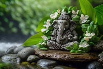 Fototapeta premium A serene sculpture of Ganesha surrounded by greenery and delicate flowers on a stone in a tranquil setting.