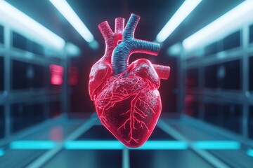 Naklejka premium A digital model of a human heart, floating in mid-air, with glowing holographic layers displaying its inner workings. Medical science, sleek, vibrant.