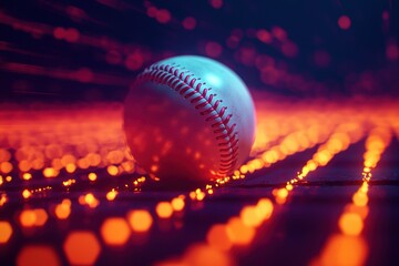 A close-up of a glowing baseball in mid-pitch, with digital effects and motion trails, set against a neon stadium backdrop. Sci-fi, high energy, bright.