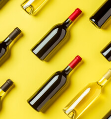 Pattern of wine bottles on the yellow background, top view.