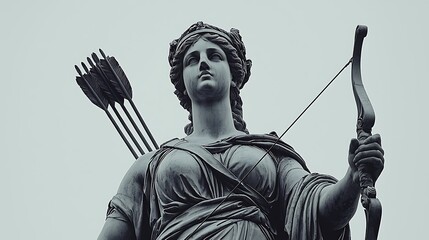 Obraz premium Elegant statue of a woman representing justice, holding a bow and arrows with a serene expression, symbolizing strength, fairness, and moral integrity in a classical design aesthetic.
