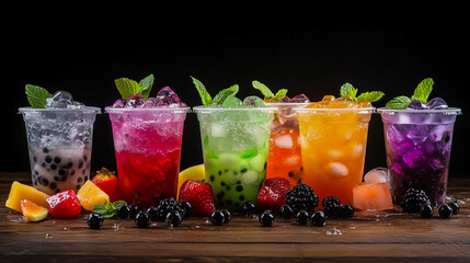 A variety of colorful boba tea drinks, including fruit puree and ice cubes in plastic cups, are arranged on a wooden table.