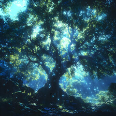Fototapeta premium Enchanted Forest Illustration - Majestic Tree, Glowing Lights, Lush Greenery