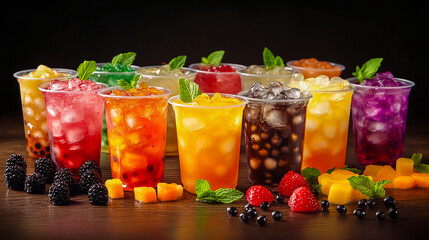 A variety of colorful boba tea drinks, including fruit puree and ice cubes in plastic cups, are arranged on a wooden table.