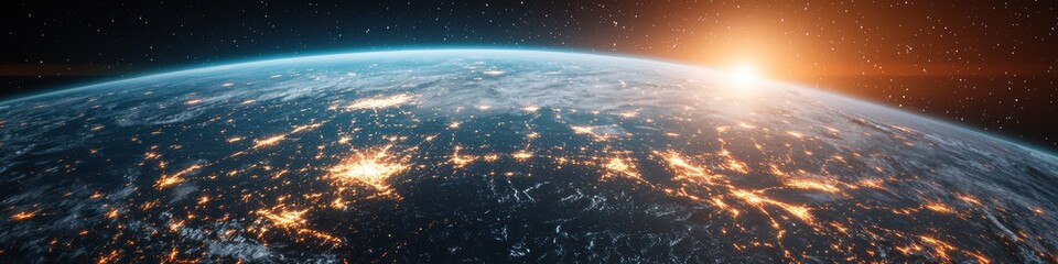 A vibrant view of Earth from space, with glowing neon satellites and space stations orbiting the planet. Sci-fi, high detail, bright.