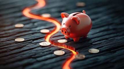 A pink piggy bank surrounded by coins sits on a textured surface, with a glowing line cutting through the scene, symbolizing financial concepts and saving.