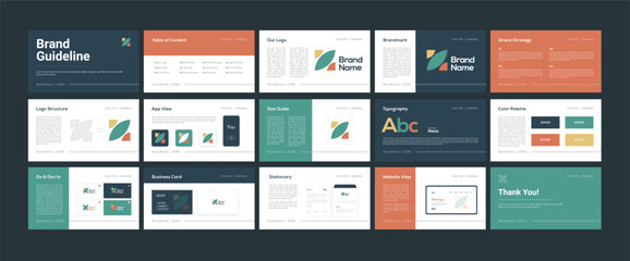 Logo Guideline template. Logo Guide Book. Logotype presentation. Corporate Guide line identity presentation. Colorful Brand Guidelines template. 