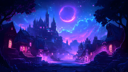 Obraz premium Illustration of Enchanting Night Village Castle Moon Fantasy