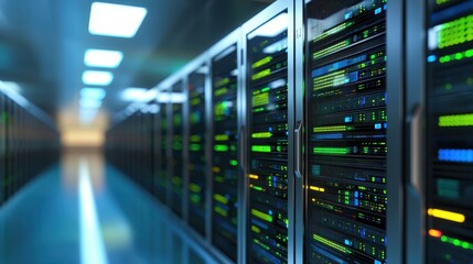 A futuristic data center filled with glowing servers and holographic data displays, emitting neon blue and green lights. High-tech, clean, vibrant.