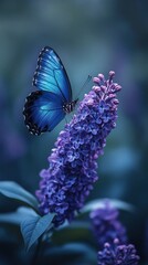 A vibrant blue Morpho butterfly perched on a purple lilac blossom.