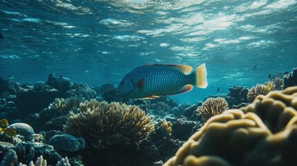 A colorful fish swims through a vibrant coral reef, bathed in sunlight.