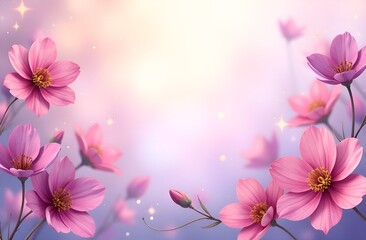 Fototapeta premium Floral background with free place for text in the middle. Spring card. with purple flowers.
