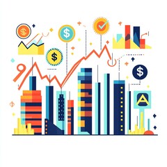 Obraz premium Colorful finance concepts illustrating city buildings with graphs and dollar signs.
