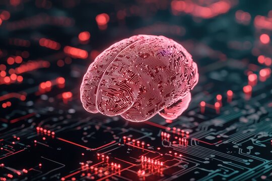 A 3D model of the human brain floating above a digital interface, surrounded by glowing neural connections and data points. Futuristic, vibrant, high-tech.