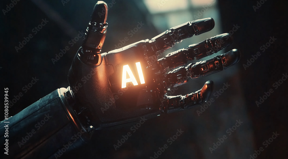 Poster A metallic robotic hand with glowing letters spelling AI on its palm, suggesting a futuristic concept of artificial intelligence
