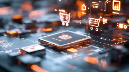 A futuristic digital wallet floating in mid-air, surrounded by glowing holographic product icons and shopping carts. High-tech, sleek, vibrant.