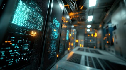 A futuristic data center filled with glowing servers and holographic data displays, emitting neon blue and green lights. High-tech, clean, vibrant.