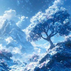 Fototapeta premium Illustration of Winter Wonderland - Snowy Mountains, Blue Tree, Sky