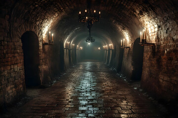 Fototapeta premium Illustration Dark Stone Tunnel, Candlelight, Brick Walls