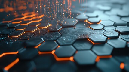 Obraz premium A textured surface made of interconnected hexagons, each glowing with neon light, creating a digital, futuristic feel. Sci-fi, vibrant, sharp.