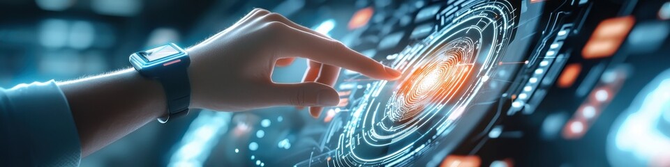 A shopper in a futuristic store scanning floating holographic products with a digital wrist device, bright digital displays all around. Sci-fi, sleek, vibrant.