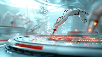 A futuristic bio lab with robotic arms working on DNA sequencing, glowing data streams floating in the air. Sci-fi, bright, intricate.