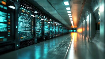 Obraz premium A futuristic data center filled with glowing servers and holographic data displays, emitting neon blue and green lights. High-tech, clean, vibrant.