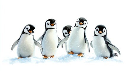 Obraz premium a 2D cartoon illustration of a group of penguins standing on ice, cute and chilly, white background--ar 16:9