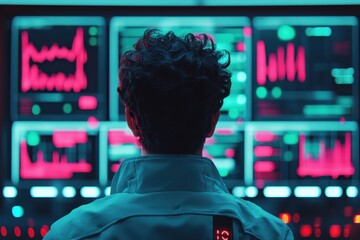 A person in a futuristic environment with a glowing digital display of brain waves, indicating symptoms of stress or anxiety. Sci-fi, bright, clean.