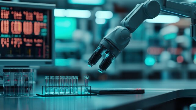 A futuristic science lab with holographic data displays and robotic arms assisting in high-tech experiments. Sci-fi, vibrant, clean design. ,closes up