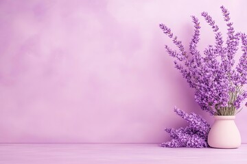 Lavender bouquet in a vase on purple background